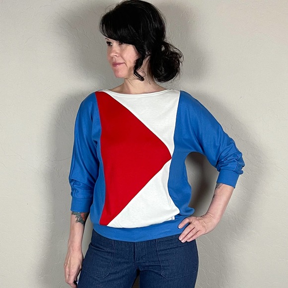 Vintage Tops - Vintage 1970s Blue Geometric Print Long Sleeve Jersey Knit Top